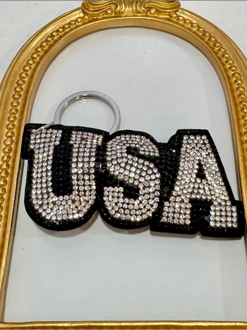 New Rhinestone USA Keychain Charm in Black and Silver